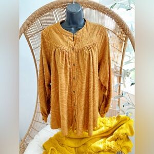 Free People Womens Size XS Can’t Stop Dreaming Mustard Button Up Long Sleeve